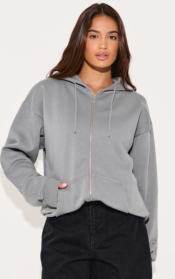 Light Grey Oversized Zip Up Plain Front Hoodie | Sweat | PrettyLittleThing