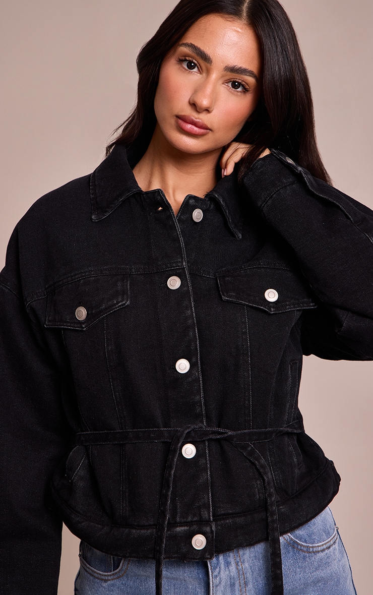 Petite Black Quilted Tie Back Denim Jacket image 4