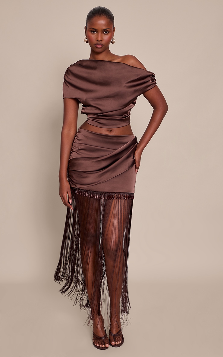 Chocolate Brown Satin One Shoulder Draped Top image 3