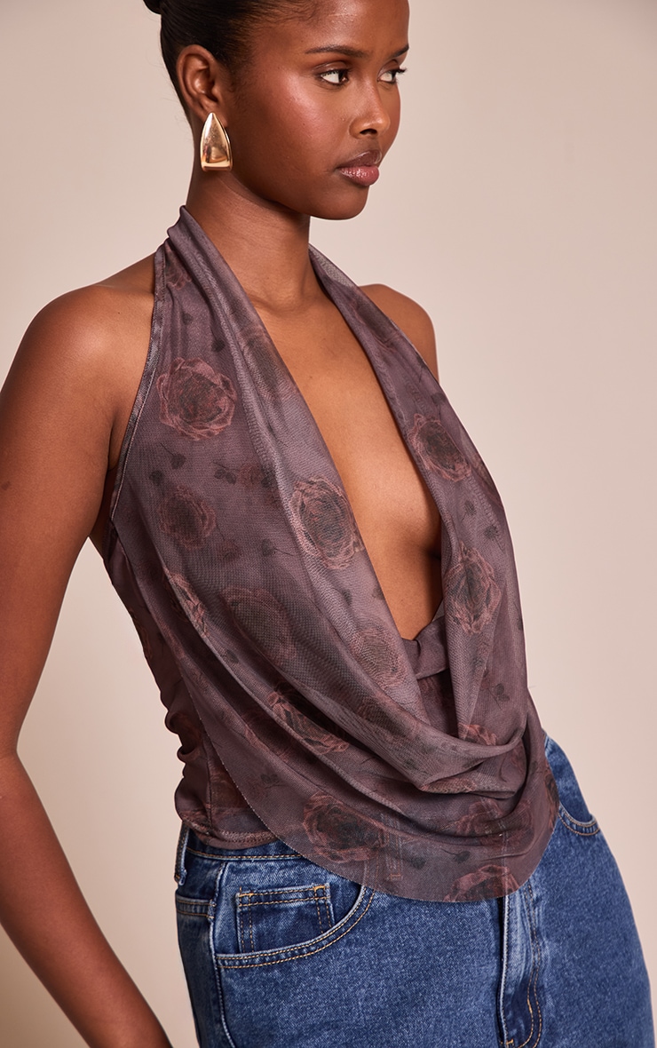 Dark Mauve Rose Print Mesh Halter Neck Top image 4