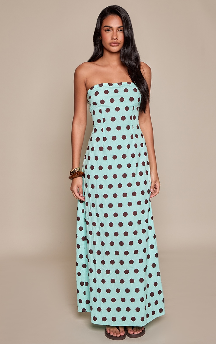 Blue Polka Dot Linen Look Bandeau Column Dress