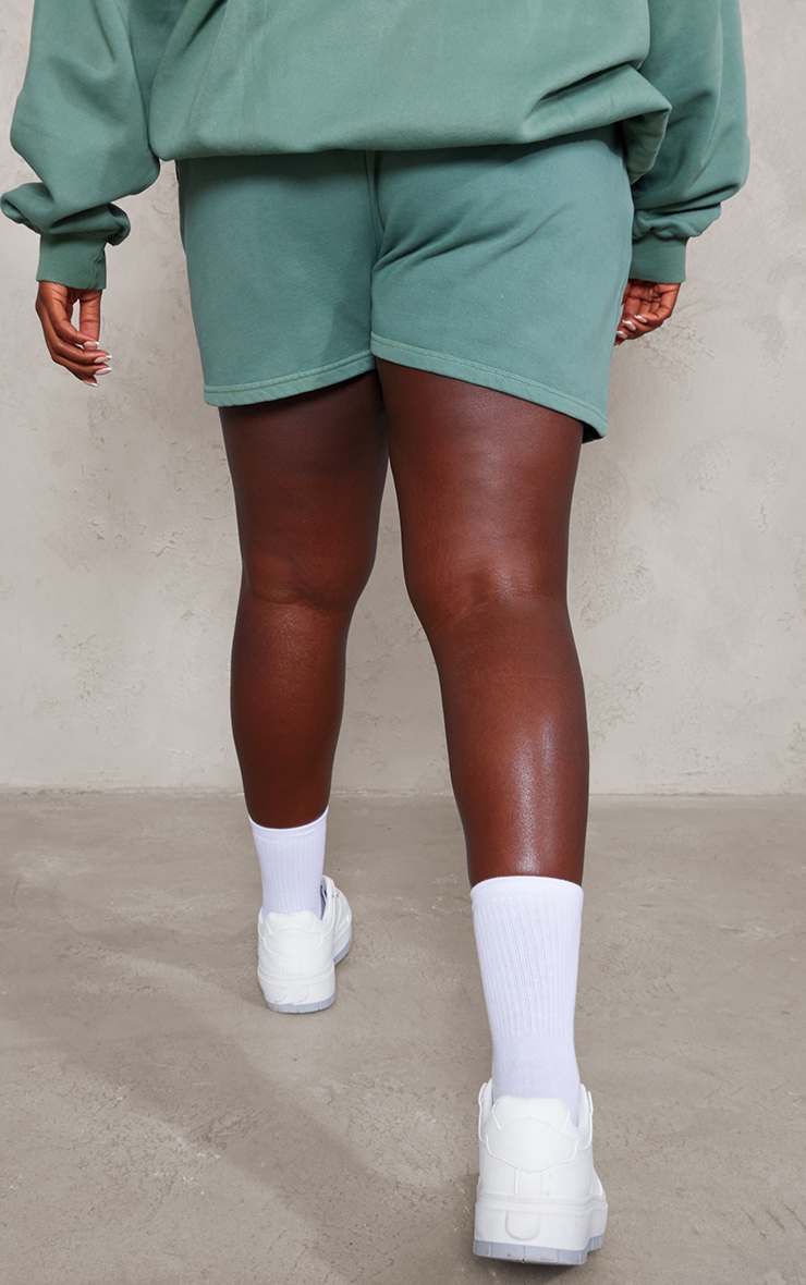 PRETTYLITTLETHING Plus Sage Green Washed Badge Detail Sweat Shorts image 3