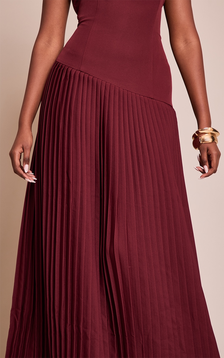Wine Woven Asymmetric Pleated Maxi Dress image 4