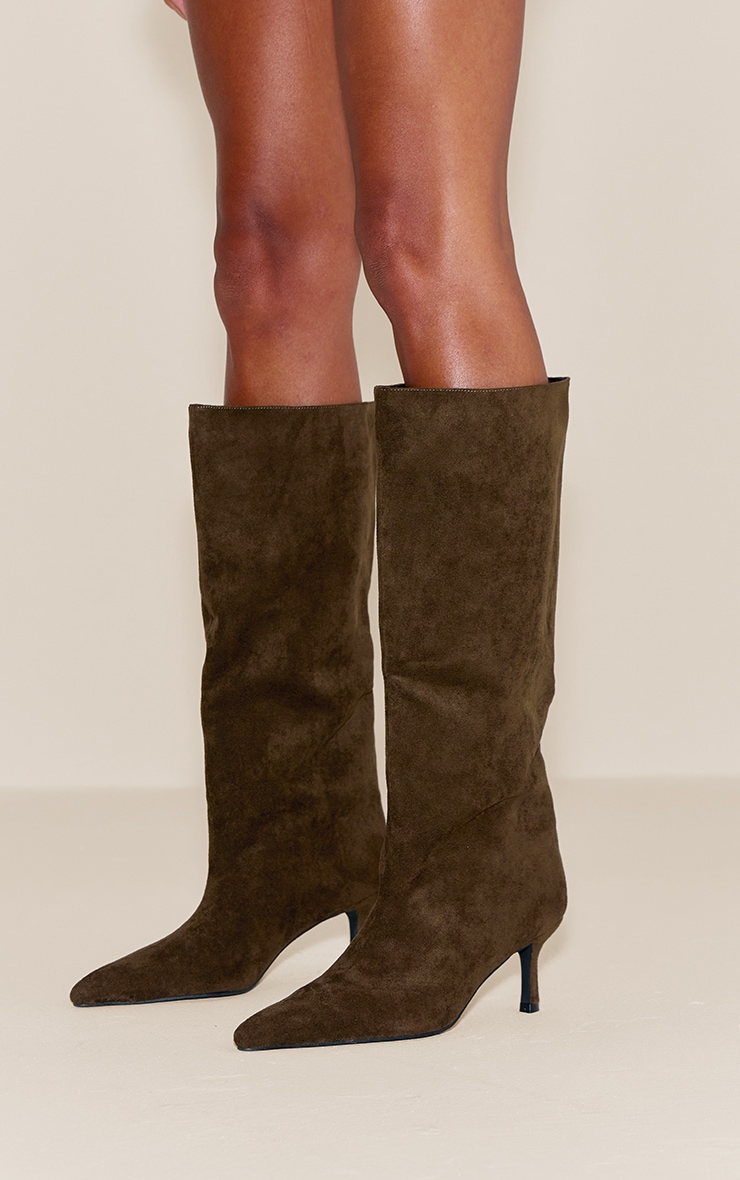 Olive Faux Suede Snipped Toe Low Heel Knee Boots image 3