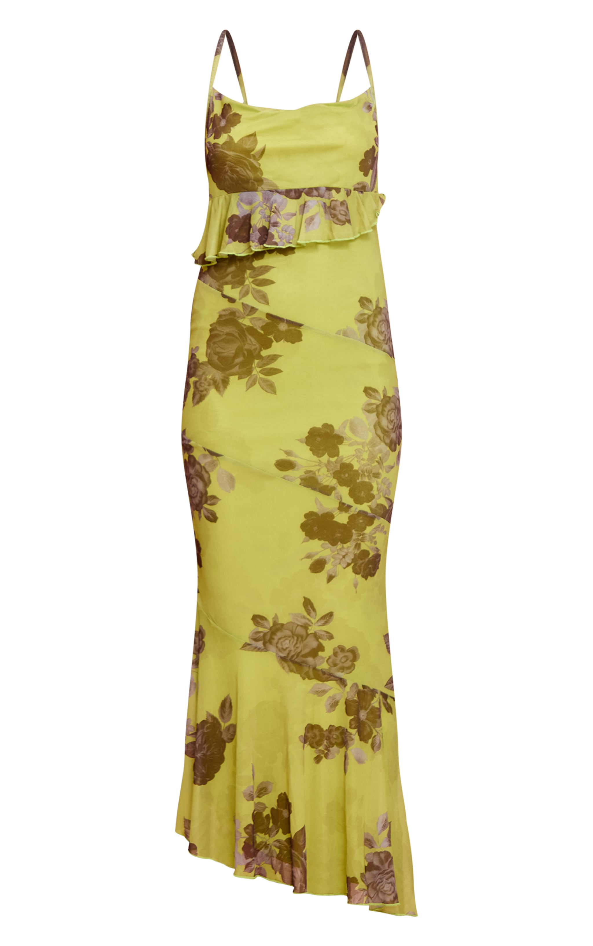 Green Floral Mesh Frill Cowl Back Maxi Dress image 5