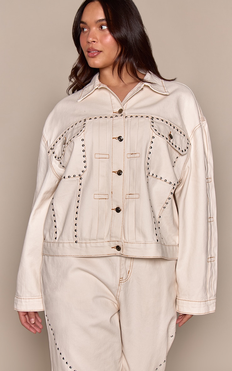 Plus Ecru Vintage Studded Denim Jacket