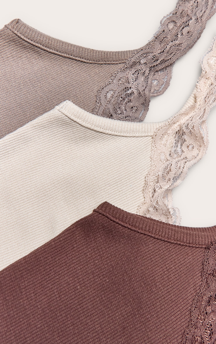 Chocolate Multi Pack of 3 Ribbed Lace Trim PJ Vests image 4
