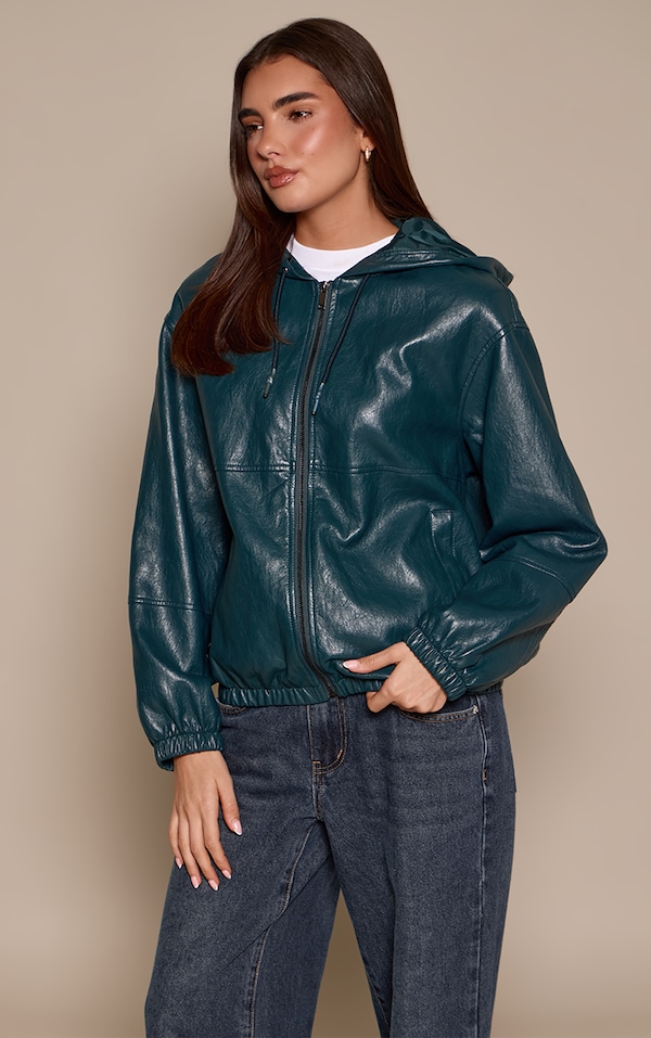 Forest Green Soft Pu Zip Hooded Jacket