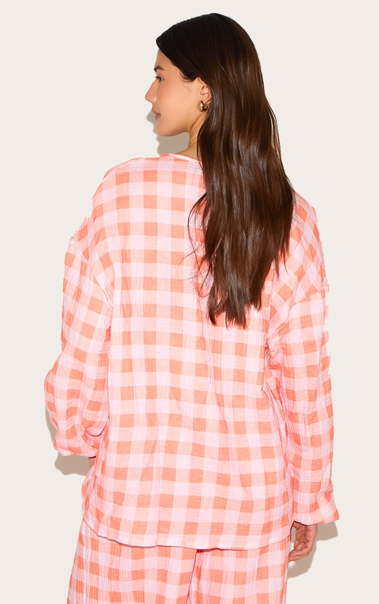 Chemise orange à carreaux en éponge, manches longues et lien à nouer sur le devant image 2