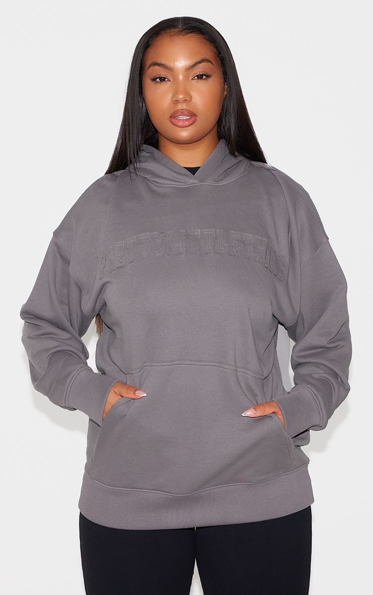 PRETTYLITTLETHING Plus Charcoal Applique Hoodie image 1