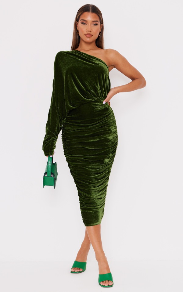 Olive Velvet One Shoulder Ruched Midi Dress | PrettyLittleThing