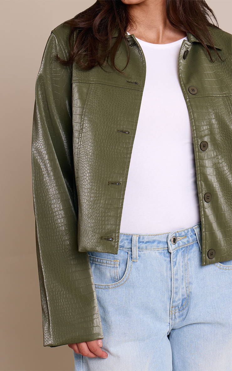Khaki Faux Leather Croc Button Jacket image 4