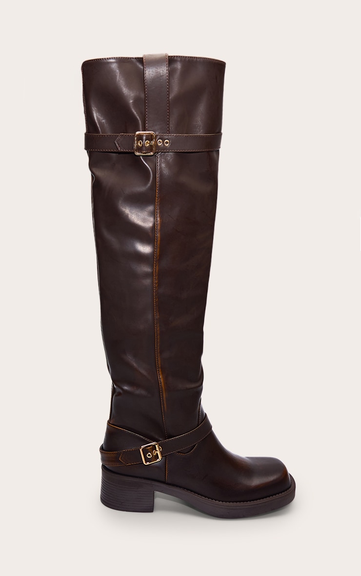 Brown Burnish PU Buckle Detail Over The Knee Boots image 2