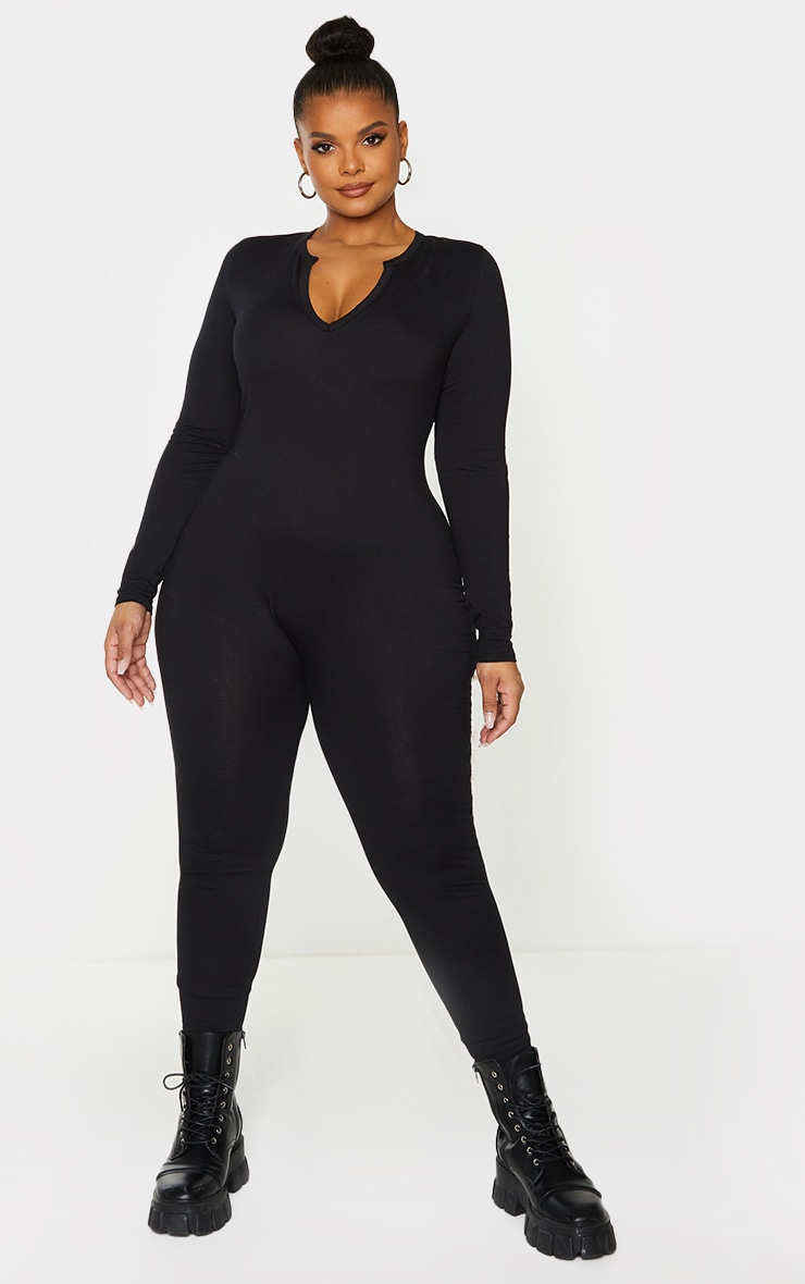 Plus Black Seamless Cotton Elastane V Neck Jumpsuit PrettyLittleThing