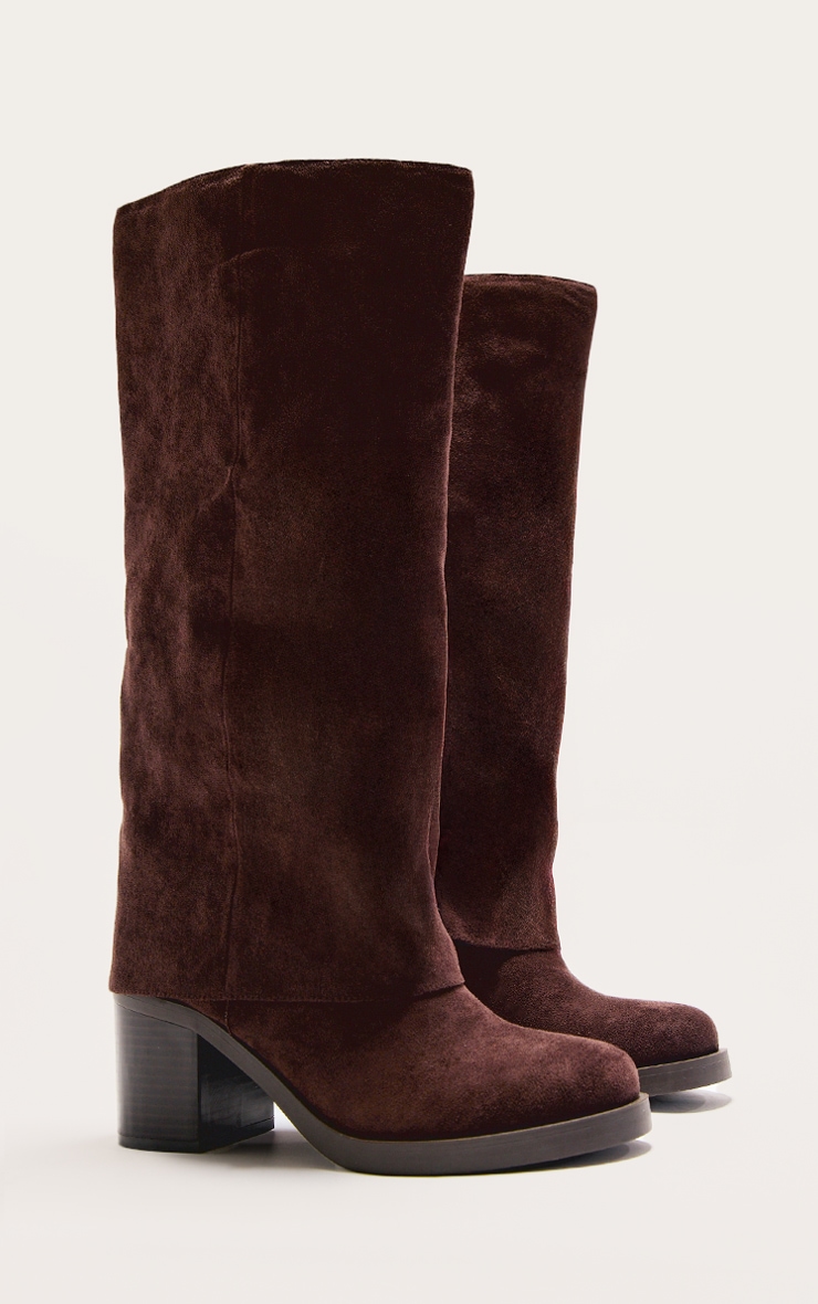 Chocolate Faux Suede Round Toe Fold Over Low Block Heel Boots image 3