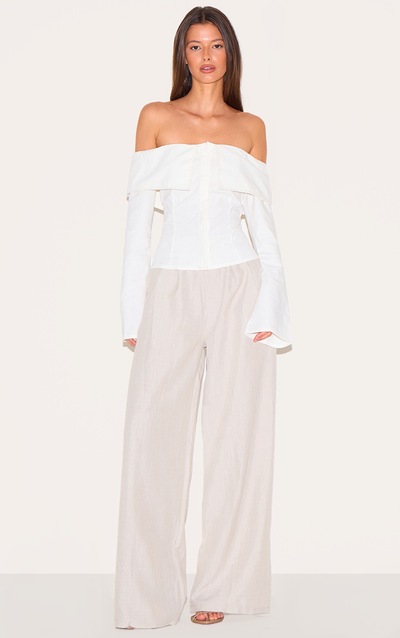Stone Woven Linen Feel Tailored High Waist Wide Leg Trousers