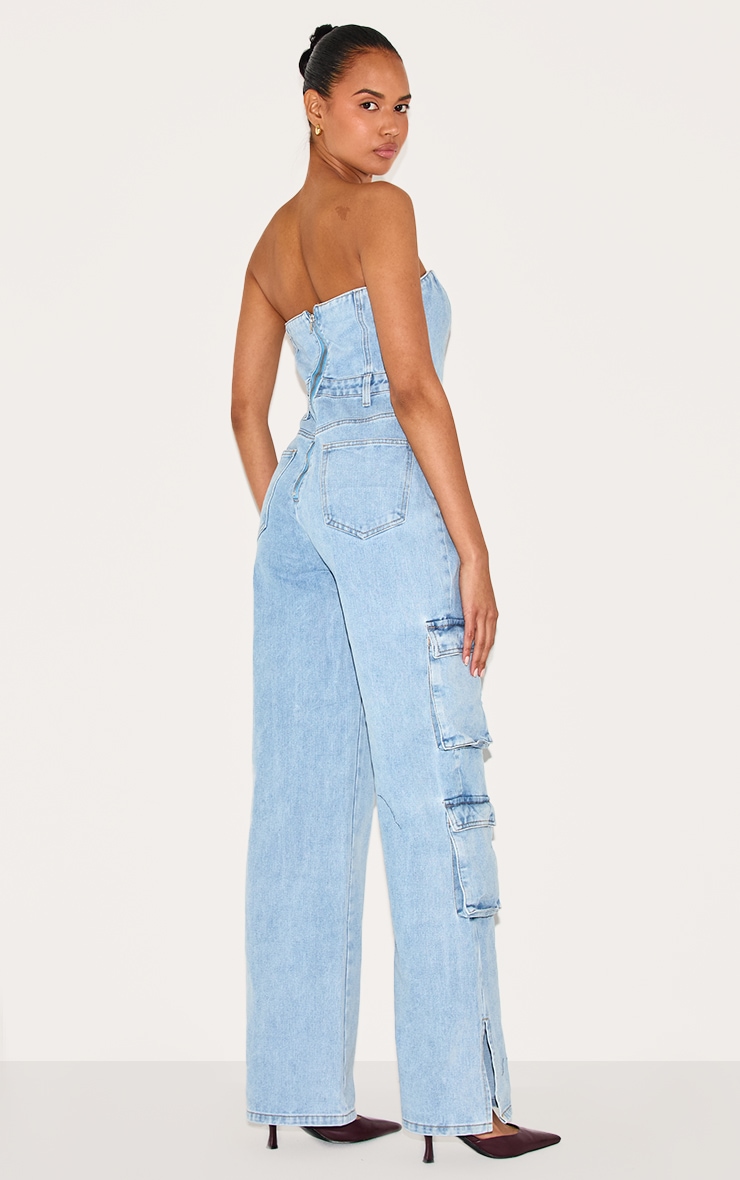 Light Blue Wash Cargo Pocket Bandeau Denim Jumpsuit image 2