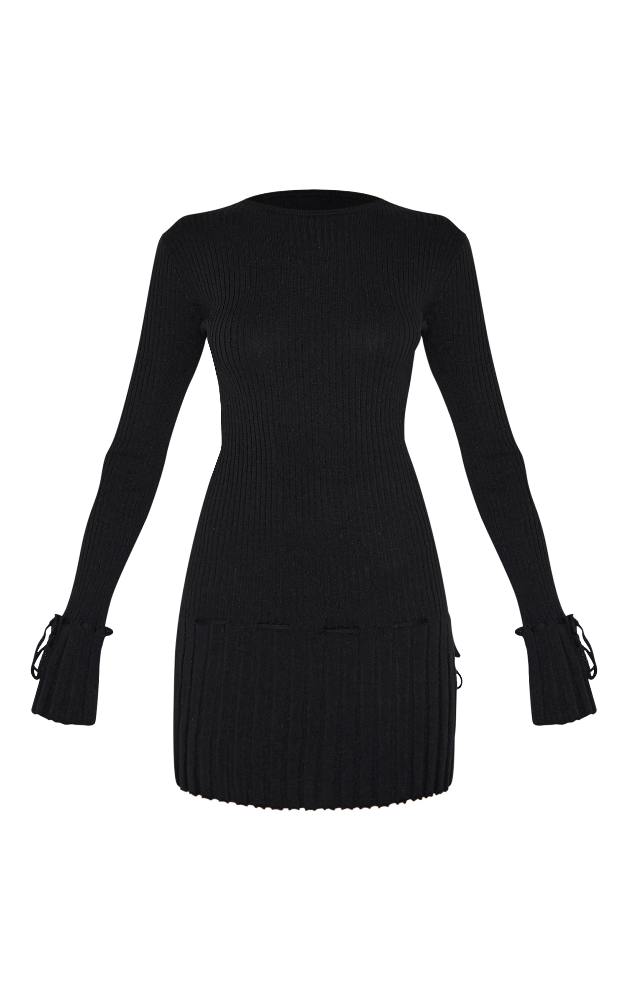 Black Rib Knit Pleated Tie Detail Long Sleeve Mini Dress image 5