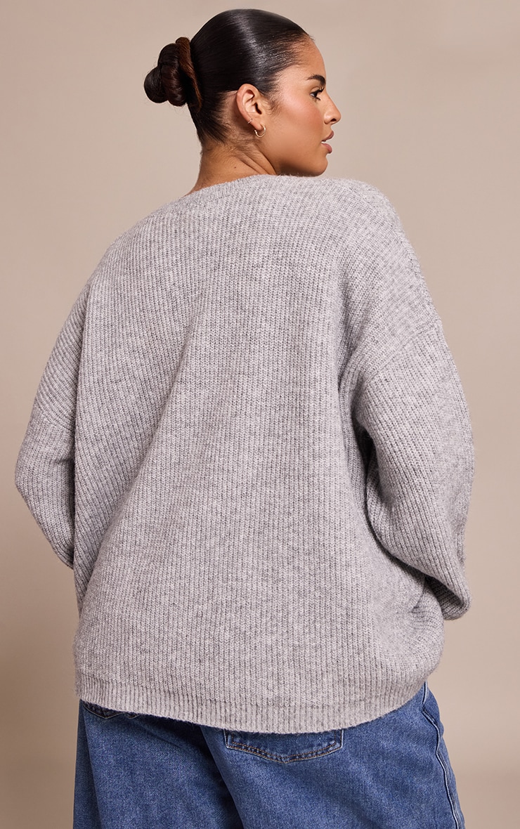 Plus Ash Grey Round Neck Knit Raglan Sleeve Sweater image 2