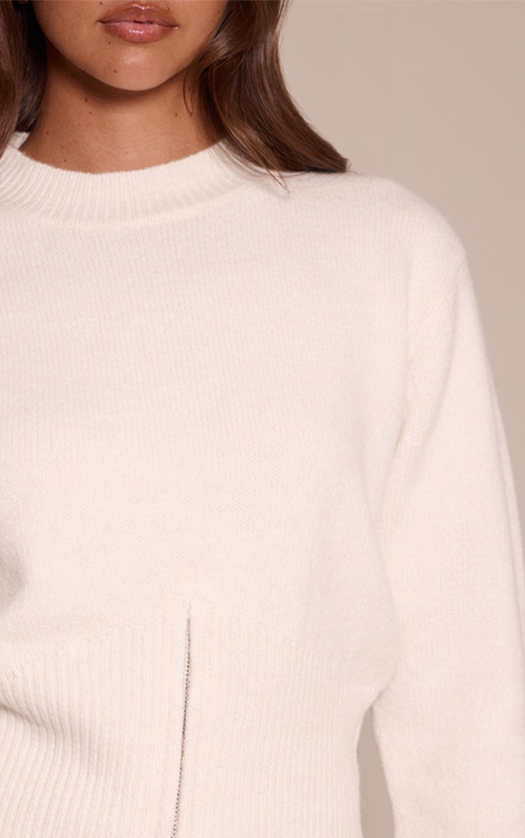 Cream Cinched Waist Zip Hem Knitted Sweater  image 4