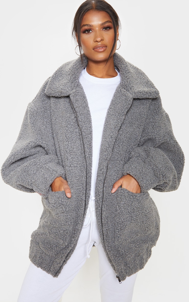 Grey Oversized Borg Pocket Front Coat