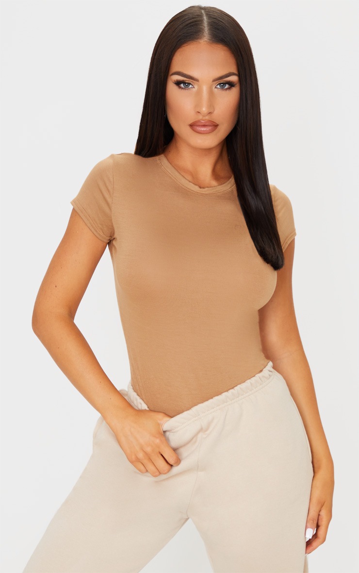 Brown Basic Jersey Crew Neck Fitted T Shirt