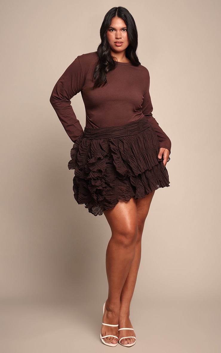 Plus Dark Chocolate Ruched Textured Low Rise Mini Skirt image 1