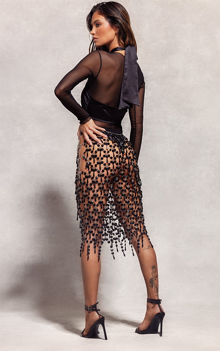 Black Mesh Seam Detail Bodysuit Tops PrettyLittleThing