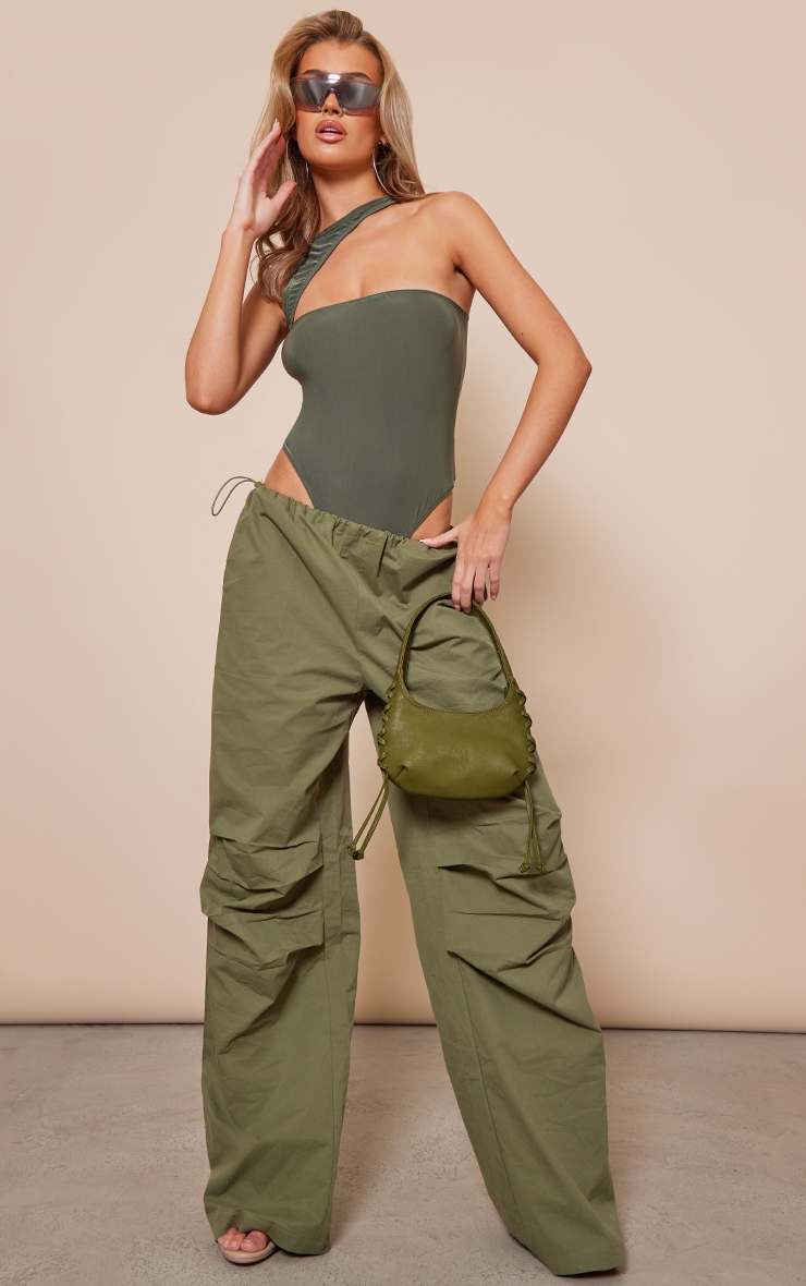 Khaki Slinky Asymmetric Cut Out Sleeveless Bodysuit image 3