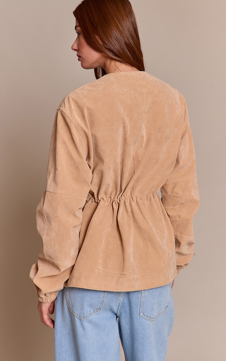 Sand Structured Faux Suede Pocket Detail Adjustable Waist Jacket image 2