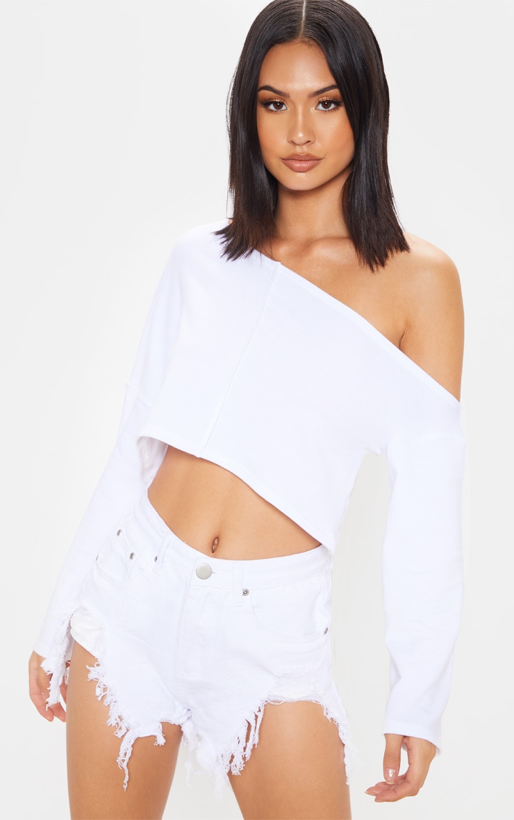 White Off Shoulder Sweatshirt Tops PrettyLittleThing USA