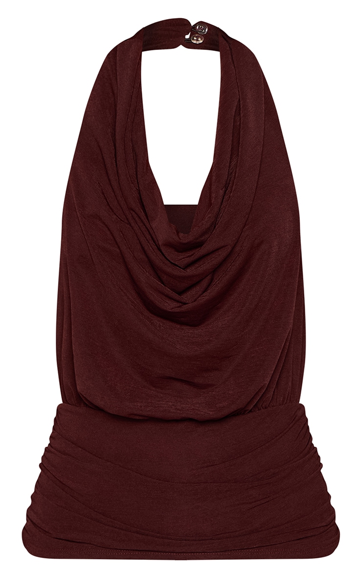 Chocolate Stretch Chiffon Cowl Neck Asymmetric Long Top  image 5