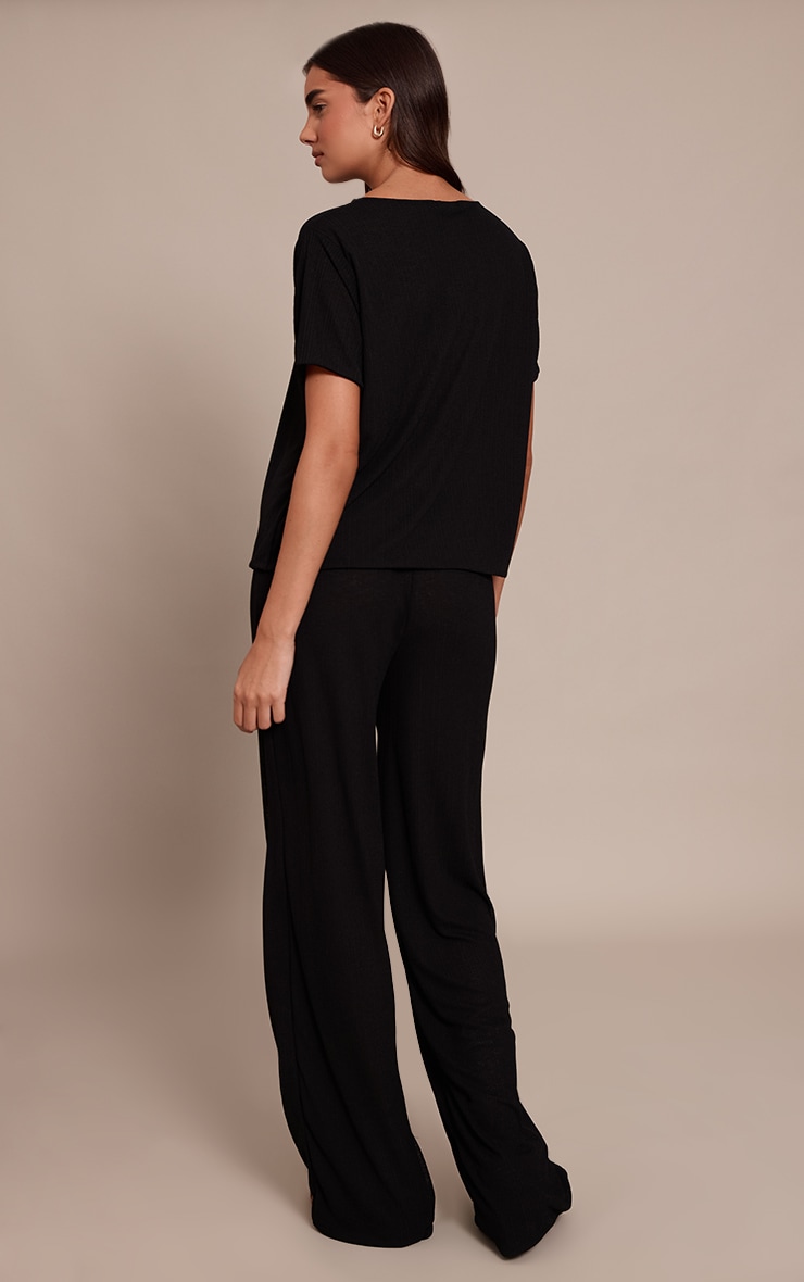 Black Sheer Textured Wide Leg Pants image 3