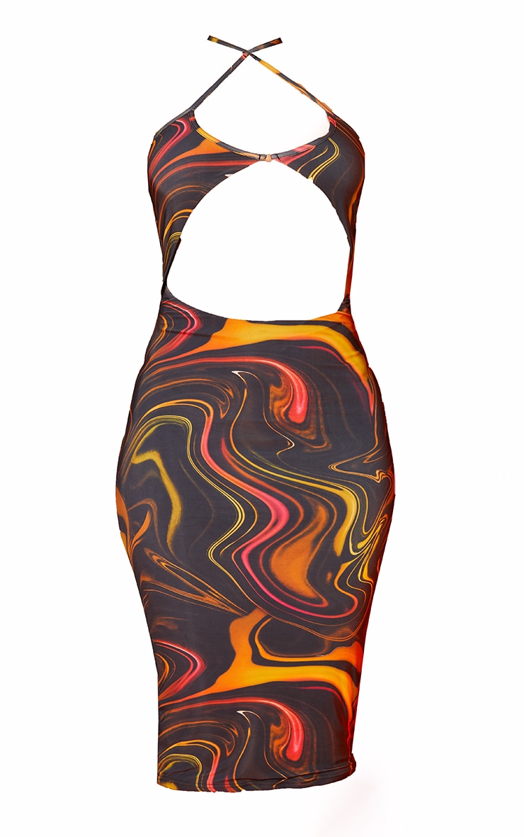 Orange Marble Print Cut Out Cross Strap Midaxi Dress image 7