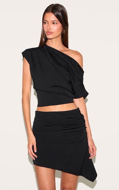 Black Woven Ruched Asymmetric One Shoulder Top