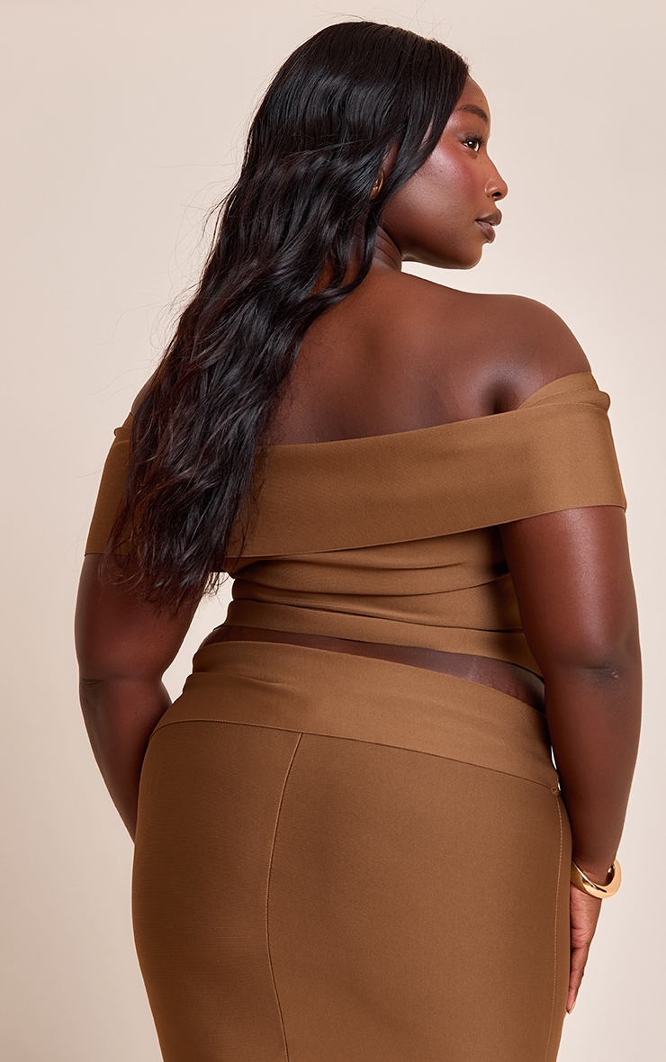 Plus Deep Chocolate Tailored Bandage Knit Asymmetric Fold Over Top image 2