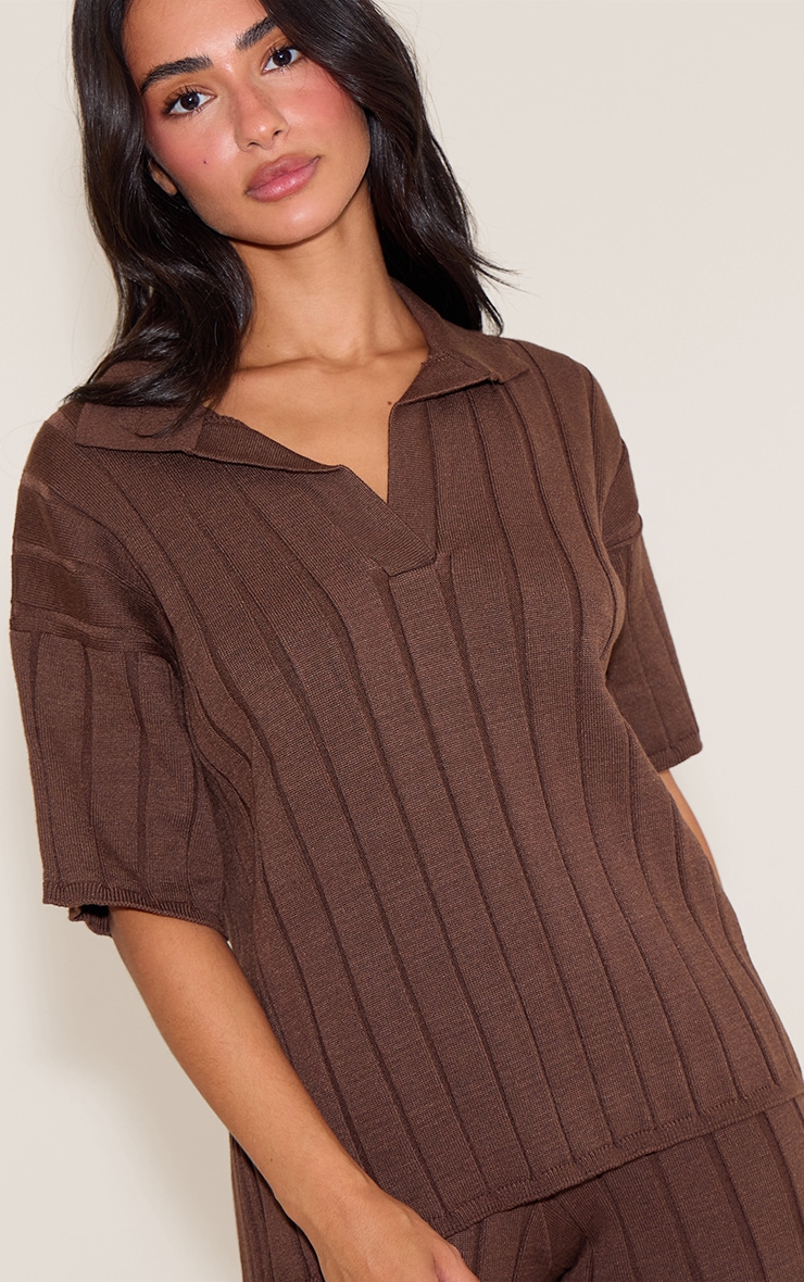 Petite Top polo oversize en maille tricot côtelée chocolat image 4