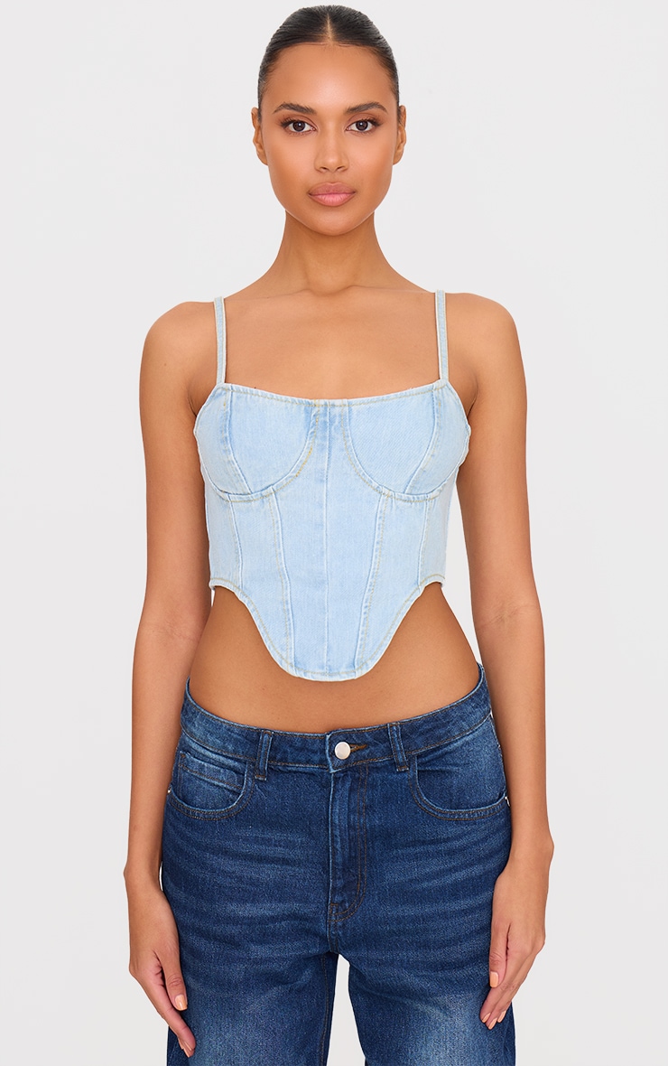 Light Blue Wash Dipped Hem Denim Corset image 1