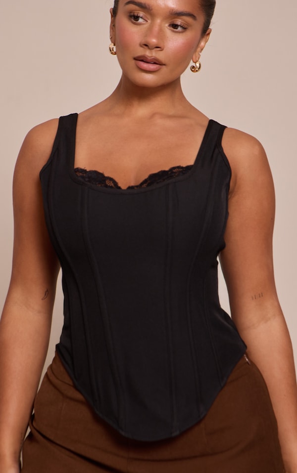 Shape Black Square Neck Lace Trim Longline Corset Top