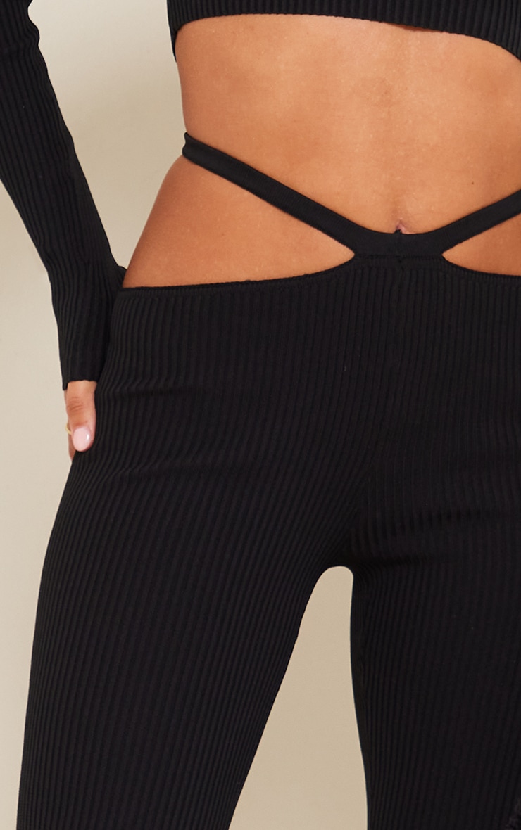 Black Rib Knit Cut Out Waist Leggings image 4