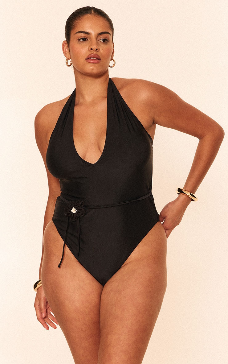 Plus Black Halter Neck Plunge Belted Swimsuit image 3