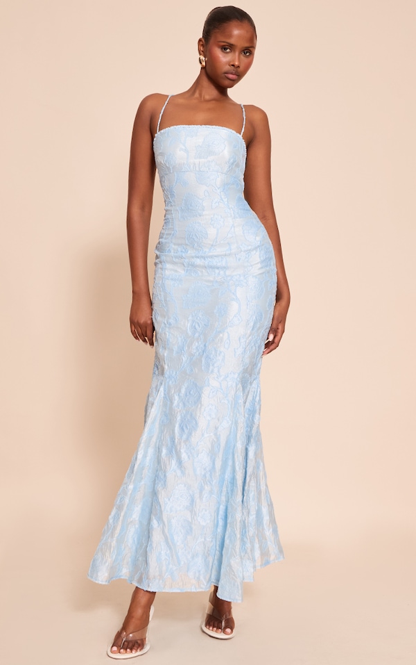 Light Blue Textured Lace Up Back Maxi Dress