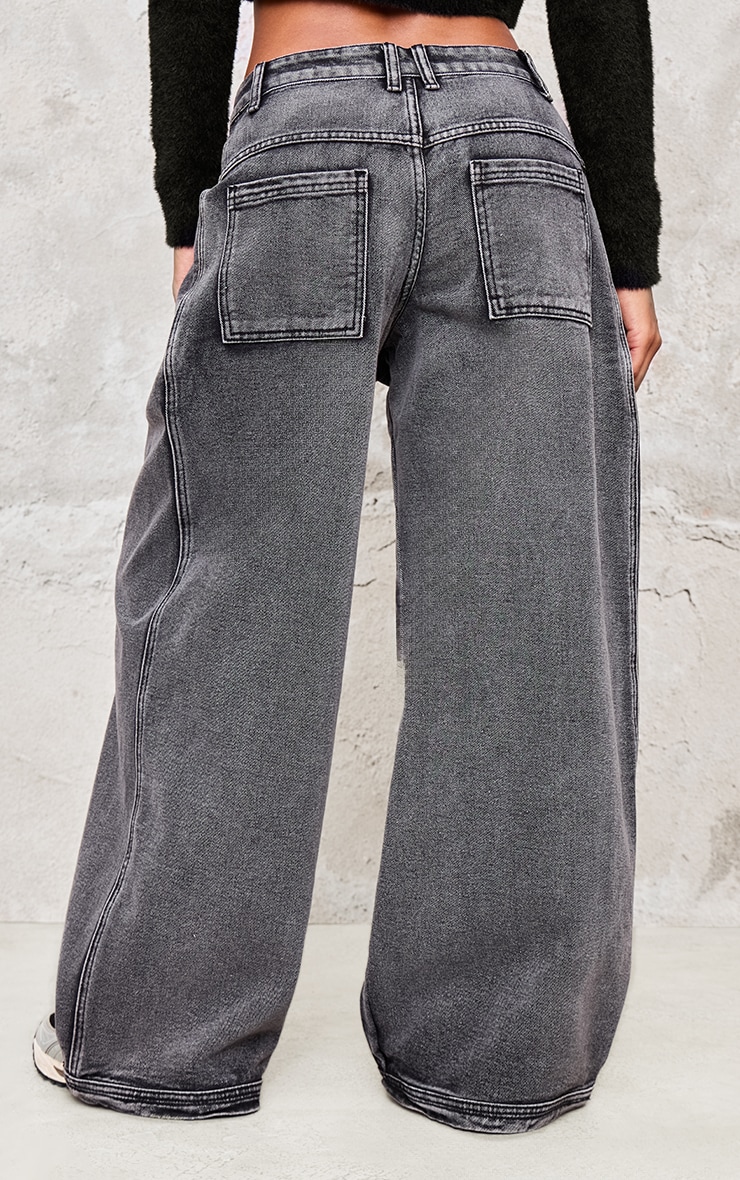 Charcoal Grey Acid Seam Detail Frayed Hem Wide Leg Jeans image 3