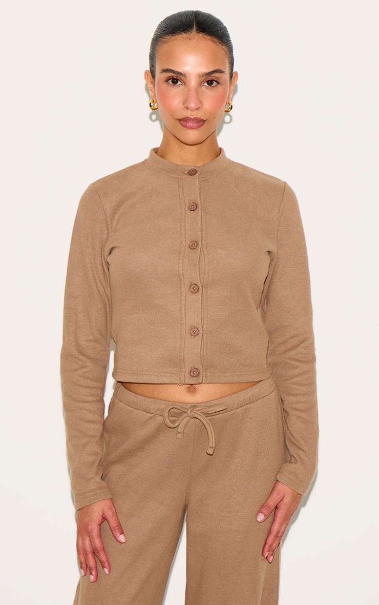 Petite Taupe Super Soft Button Down Long Sleeve Top image 1