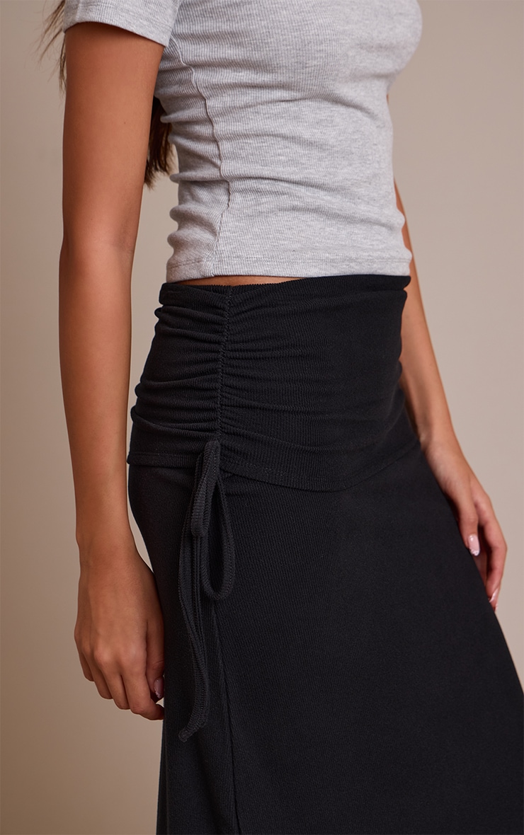 Black Brushed Rib Ruched Detail Maxi Skirt image 4