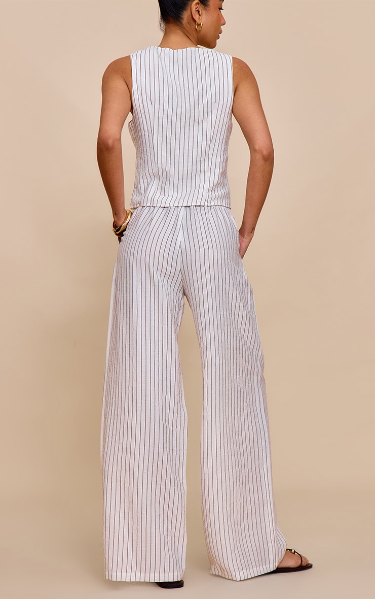 Cream Pinstriped Drawstring Wide Leg Pants image 3