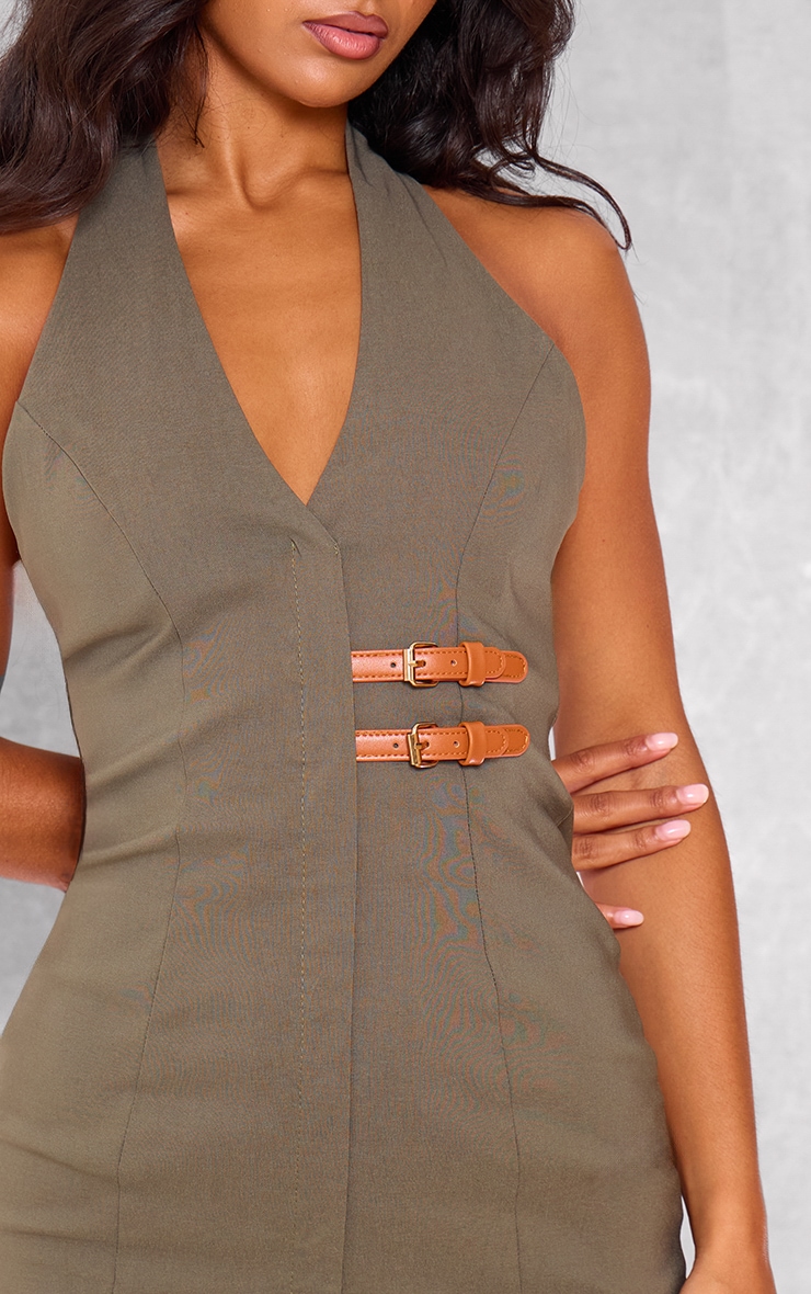 Dark Khaki Stretch Woven Belted Bodycon Dress image 4