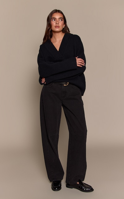 Black Seam Detail Low Rise Barrel Jeans