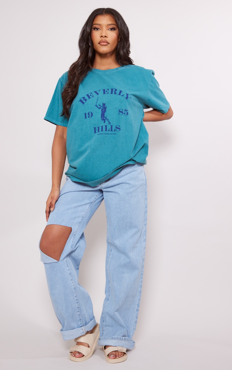 PRETTYLITTLETHING Teal Washed Beverley Hills Print T Shirt image 3