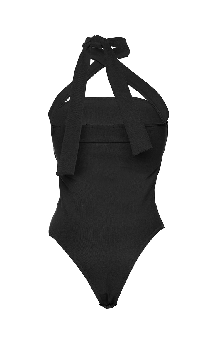 Black Textured Rib Halterneck Bodysuit image 2